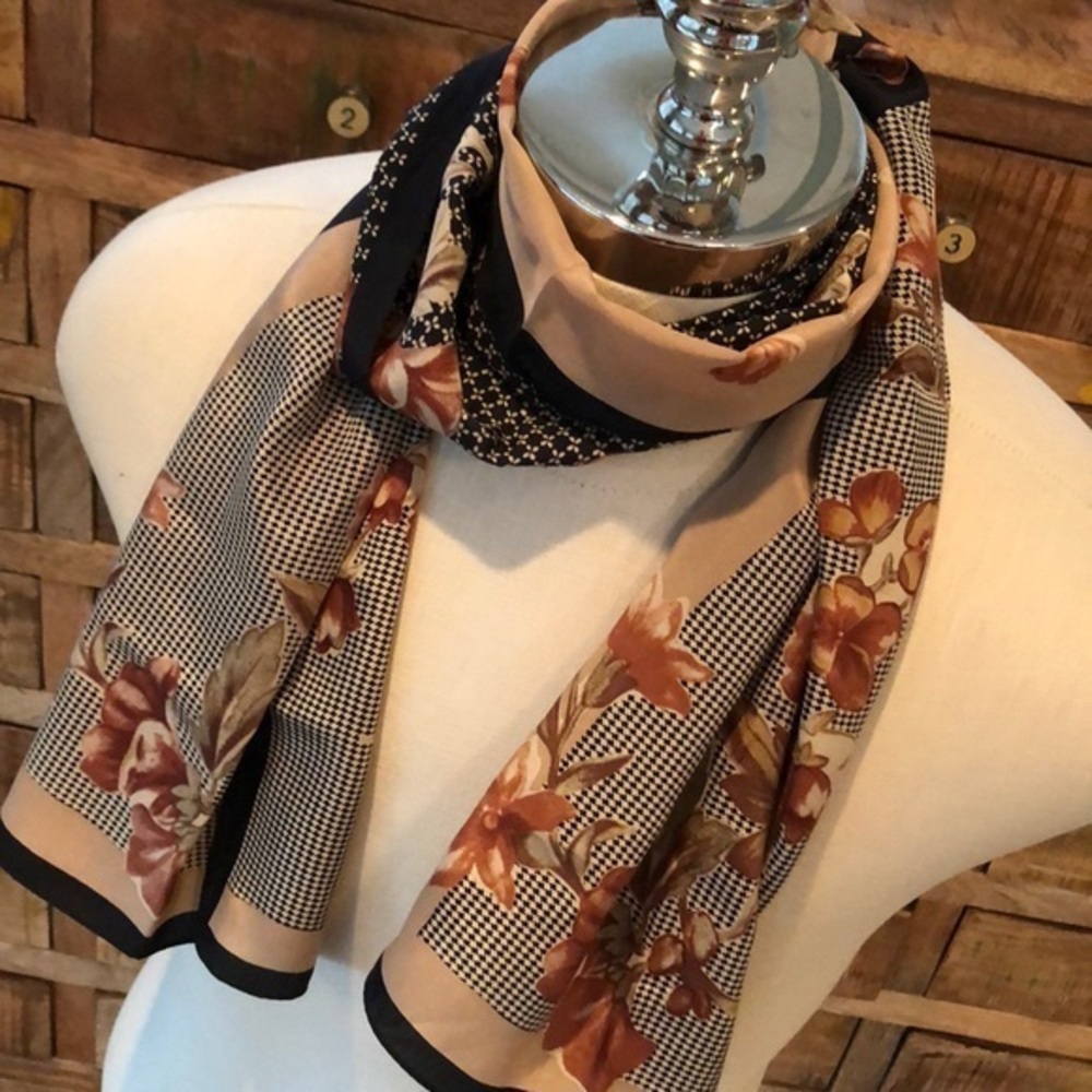 Charter Club 100% Silk Rectangular Floral Scarf in Black, Rose and Tan